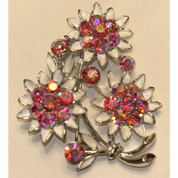 Vintage Lisner Brooch Aurora Borealis Stones Flower Bouquet silver enamel sign - Picture 2 of 5